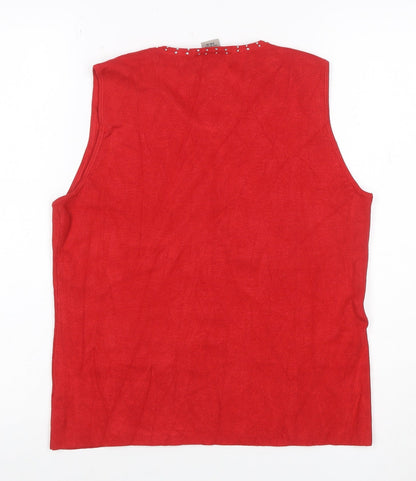 Tanjay Women Red Petite M Sleeveless Knit Vest Rhinestone Scoop Neck