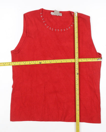 Tanjay Women Red Petite M Sleeveless Knit Vest Rhinestone Scoop Neck