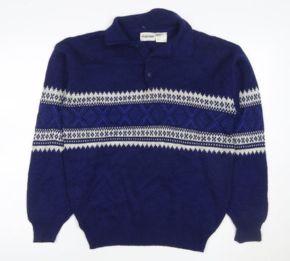 Puritan Men’s Blue M Fair Isle Collared Henley Acrylic Jumper