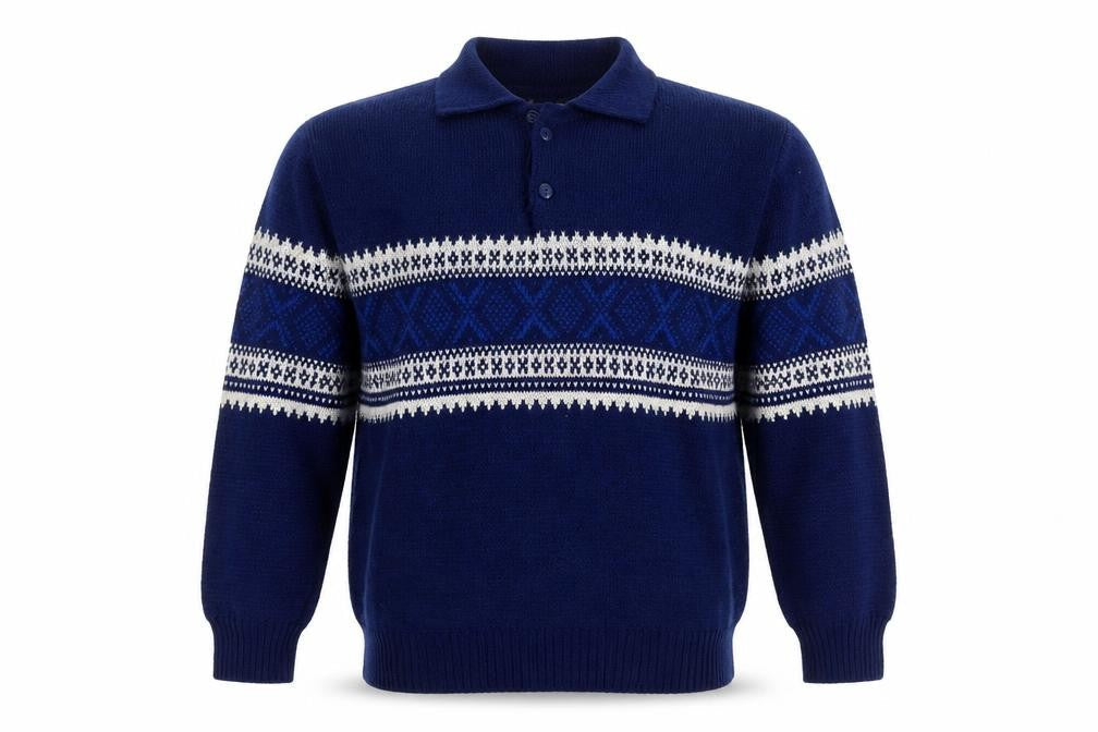 Puritan Men’s Blue M Fair Isle Collared Henley Acrylic Jumper