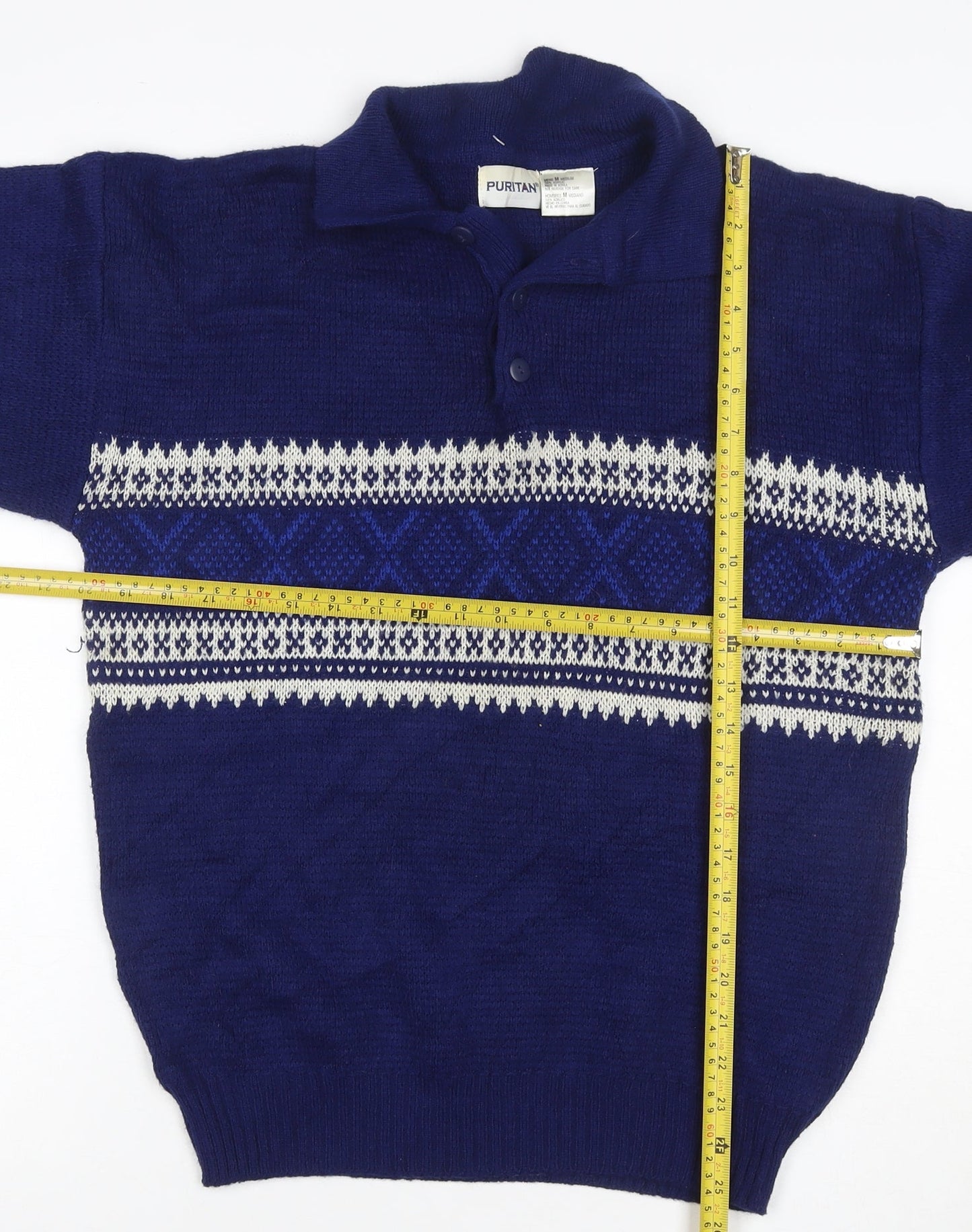 Puritan Men’s Blue M Fair Isle Collared Henley Acrylic Jumper