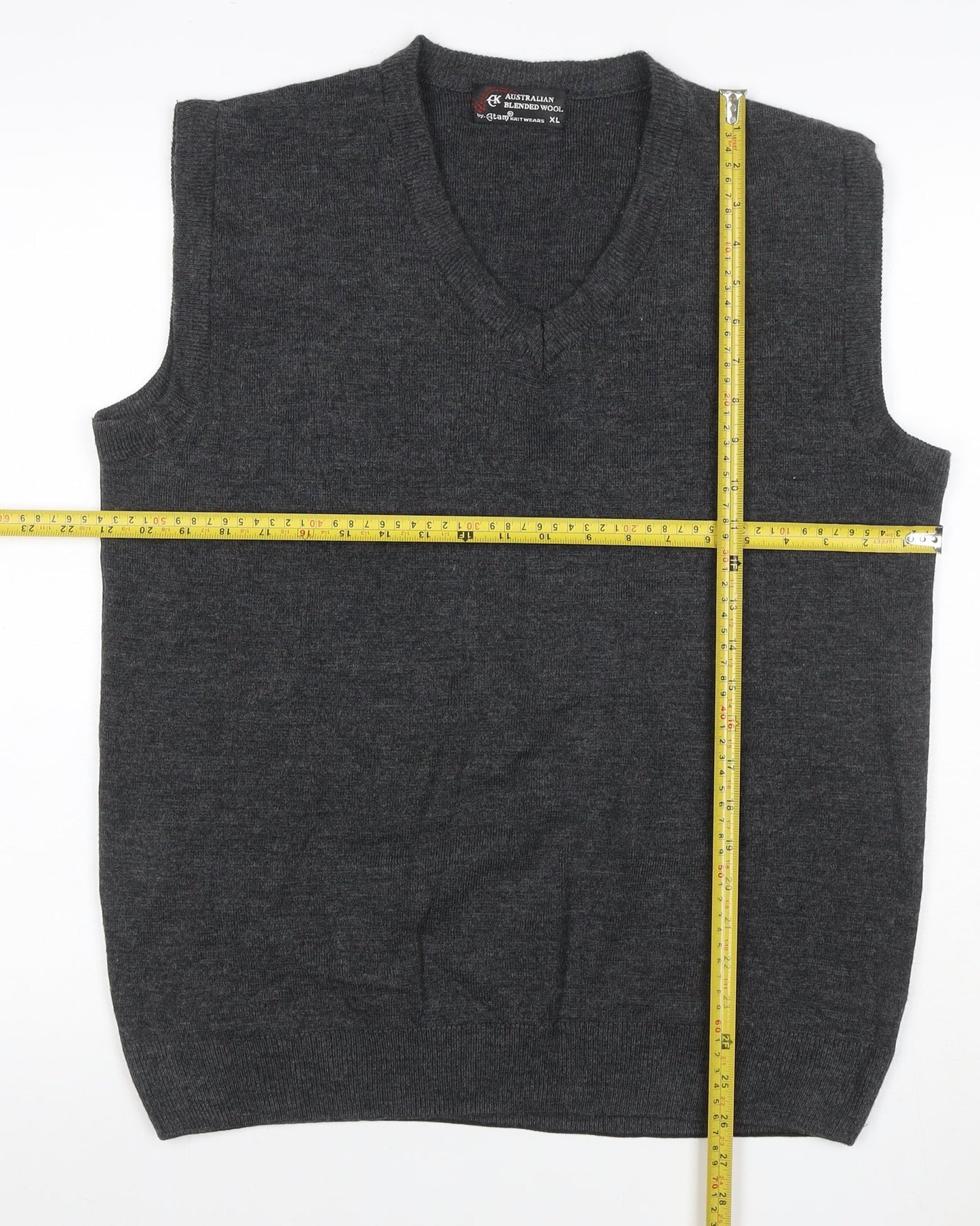 Glam Knitwears Men's Grey Wool Blend V-Neck Sleeveless Vest XL