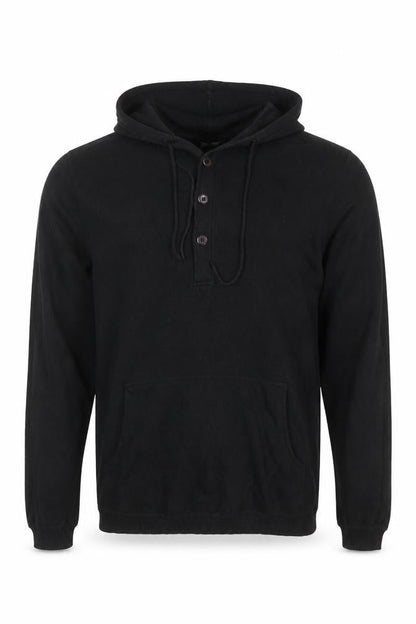 Selected Men Black L Hooded Henley Pullover Cotton Kangaroo Pocket