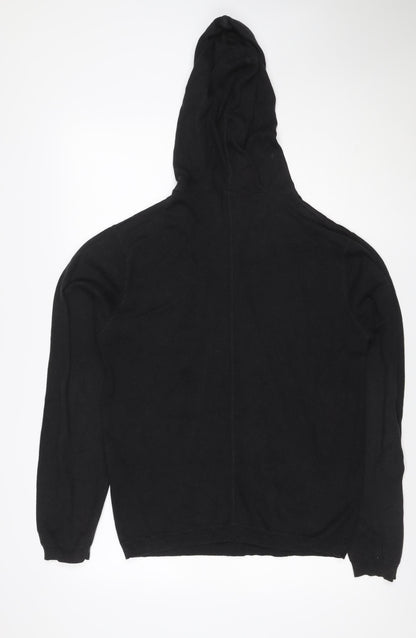 Selected Men Black L Hooded Henley Pullover Cotton Kangaroo Pocket