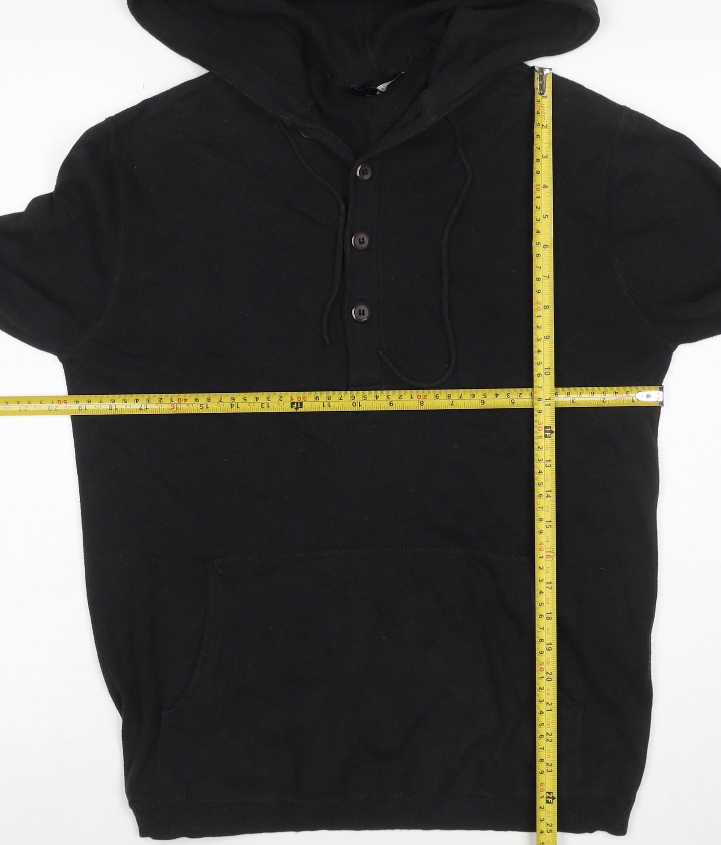 Selected Men Black L Hooded Henley Pullover Cotton Kangaroo Pocket
