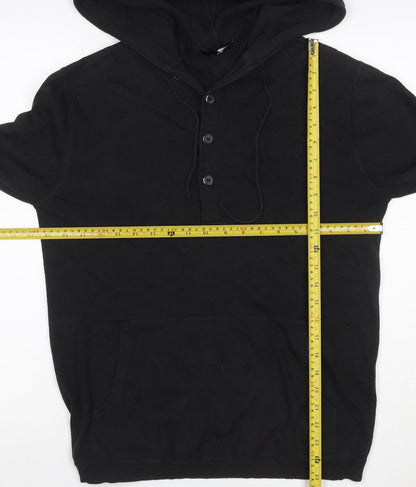 Selected Men Black L Hooded Henley Pullover Cotton Kangaroo Pocket