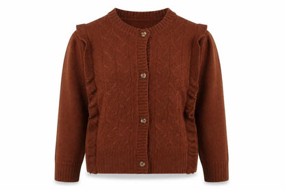 Boohoo Women Brown M Cable Knit Ruffle Button Cardigan