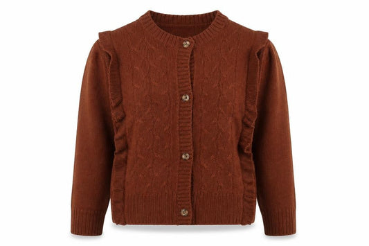 Boohoo Women Brown M Cable Knit Ruffle Button Cardigan