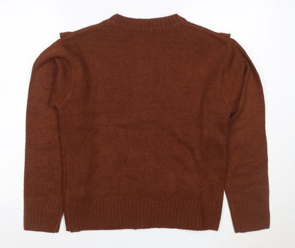 Boohoo Women Brown M Cable Knit Ruffle Button Cardigan