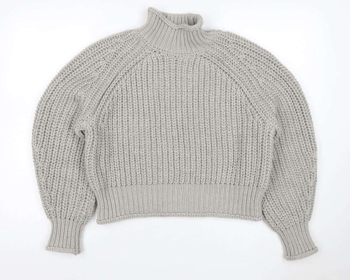 H&M Women Grey M Chunky Knit Wool Blend High Neck Raglan Jumper