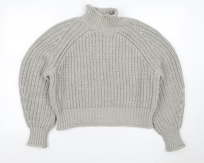 H&M Women Grey M Chunky Knit Wool Blend High Neck Raglan Jumper