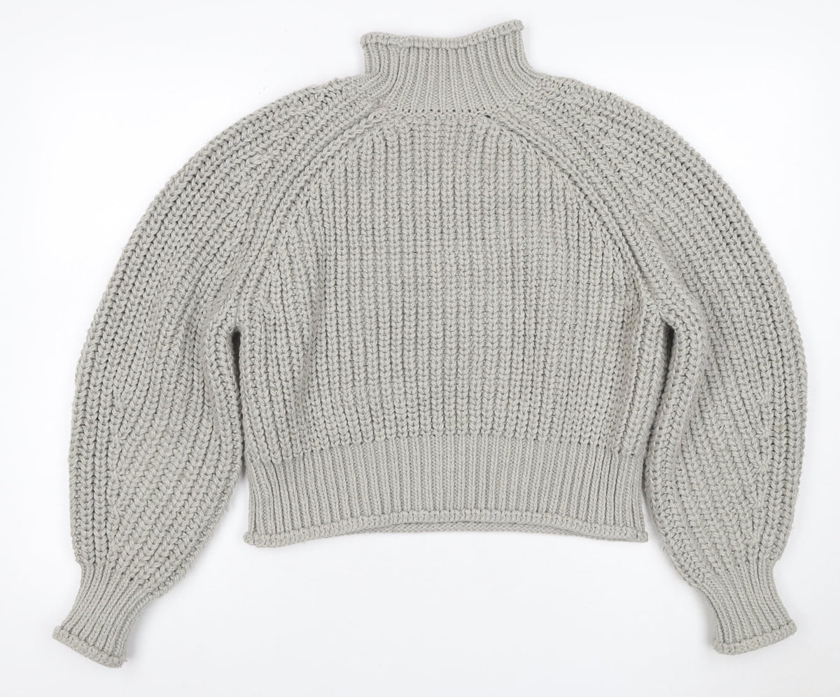 H&M Women Grey M Chunky Knit Wool Blend High Neck Raglan Jumper