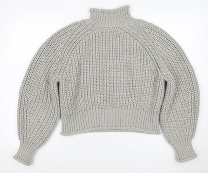 H&M Women Grey M Chunky Knit Wool Blend High Neck Raglan Jumper