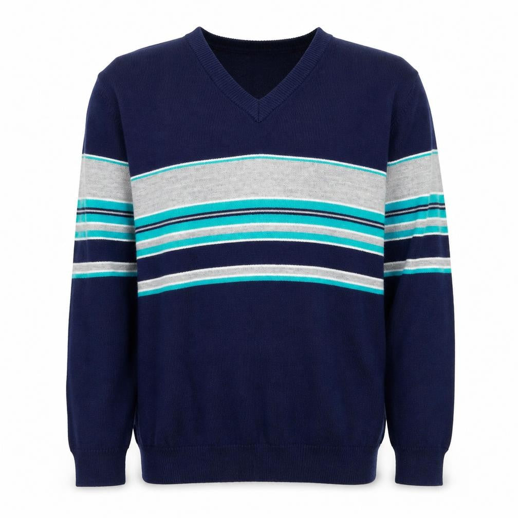Palermo Men's Blue M V-Neck Striped Acrylic Knit Pullover Jumper