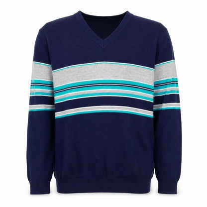 Palermo Men's Blue M V-Neck Striped Acrylic Knit Pullover Jumper