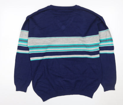 Palermo Men's Blue M V-Neck Striped Acrylic Knit Pullover Jumper