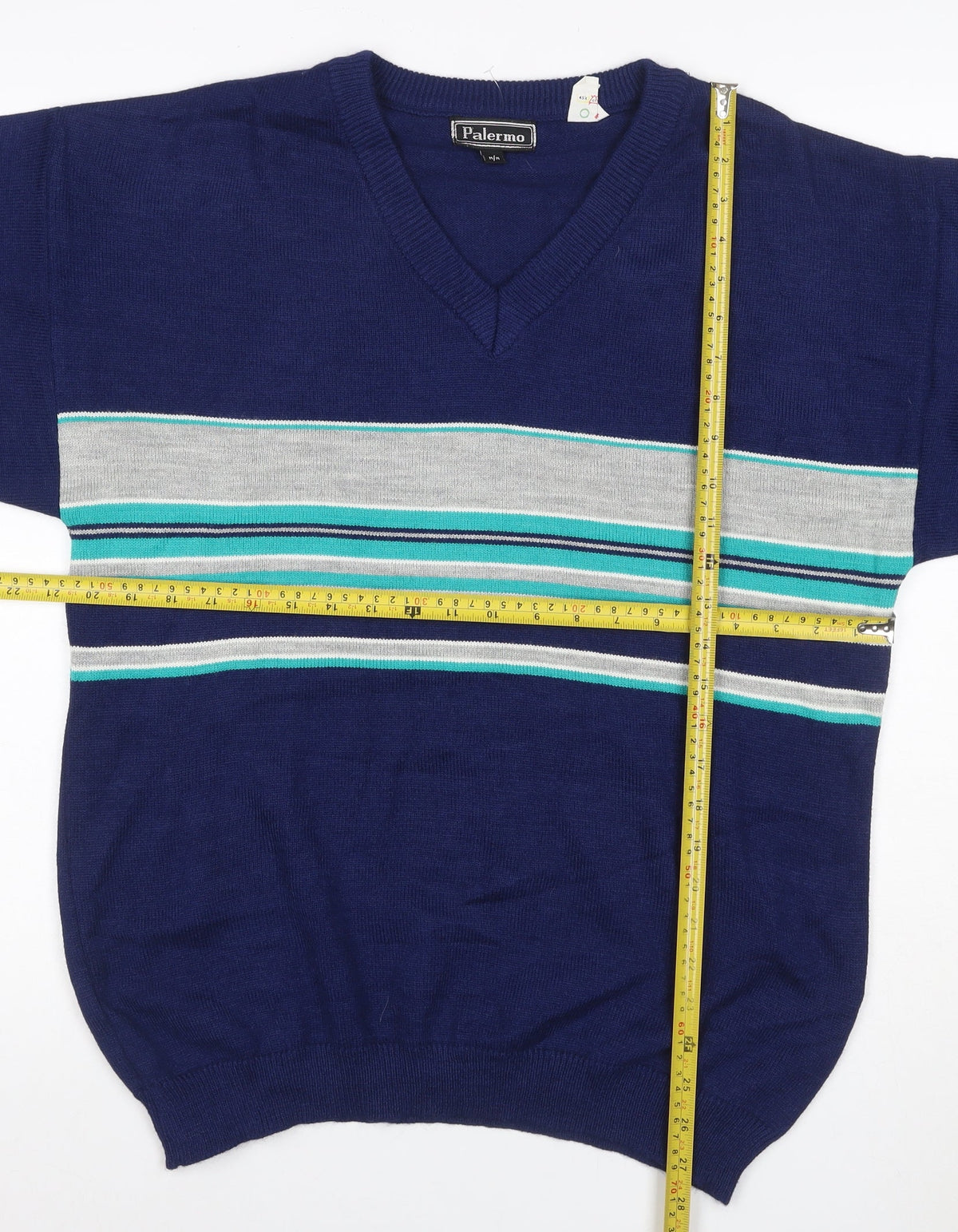 Palermo Men's Blue M V-Neck Striped Acrylic Knit Pullover Jumper