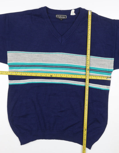 Palermo Men's Blue M V-Neck Striped Acrylic Knit Pullover Jumper