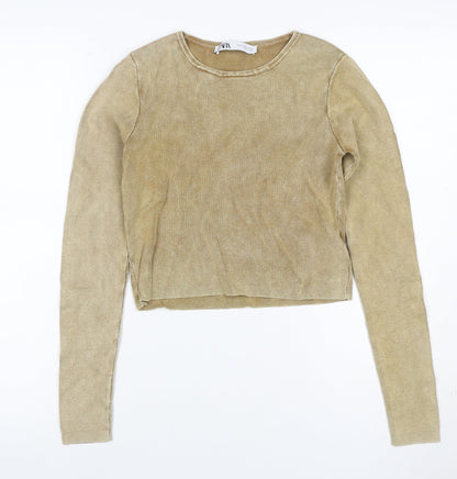Zara Women Gold Knit Long Sleeve Basic Top UK 12 Cotton Blend