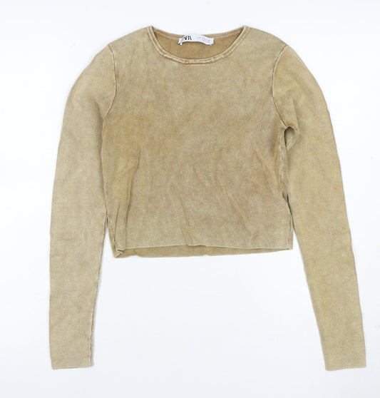 Zara Women Gold Knit Long Sleeve Basic Top UK 12 Cotton Blend
