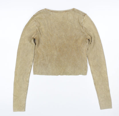 Zara Women Gold Knit Long Sleeve Basic Top UK 12 Cotton Blend