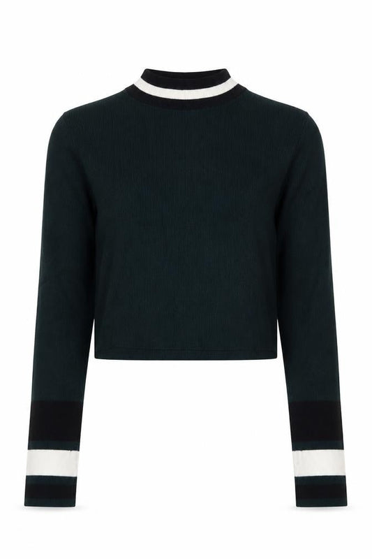 New Look Women Green Size 6 Ringer High Neck Rib Knit Long Sleeve Top