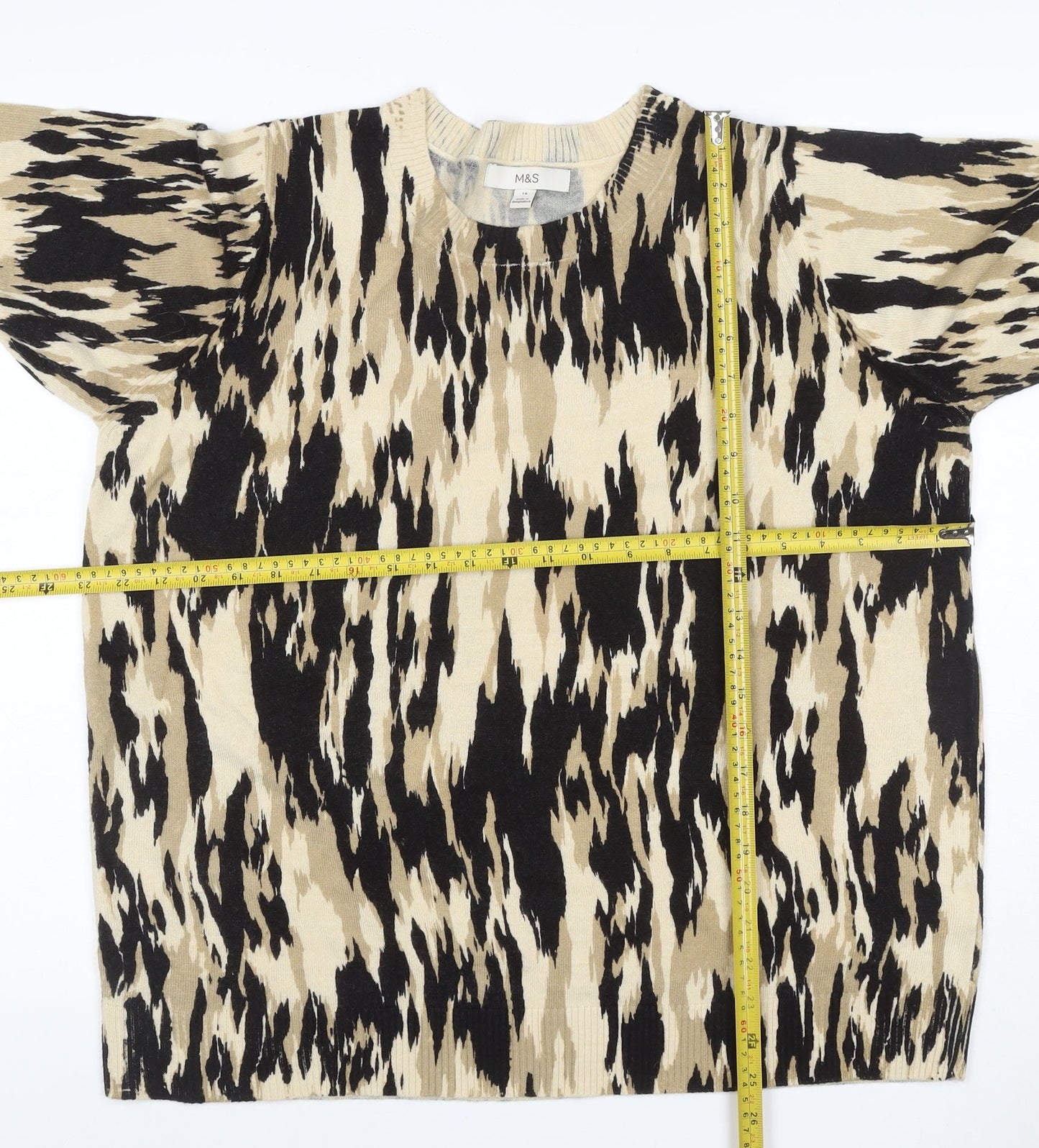 M&S Women’s Beige Animal Print Crew Neck Knit Jumper Size 18