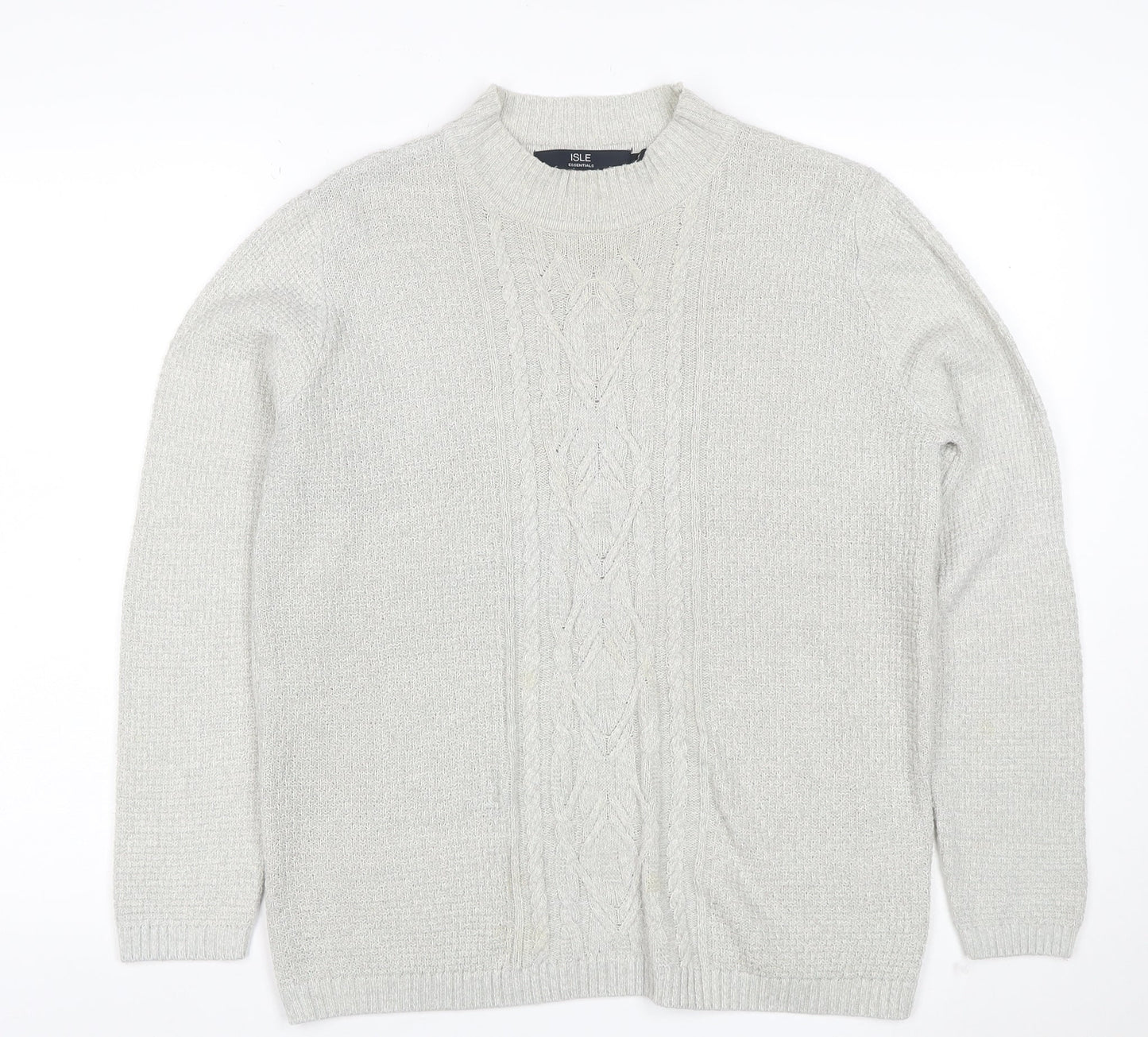 Isle Essentials Women Grey M Cable Knit Mock Neck Acrylic Jumper