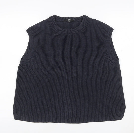 Uniqlo Women Blue M Ribbed Cotton Knit Sleeveless Crew Neck Vest