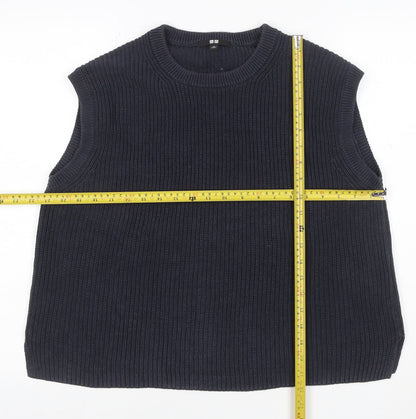 Uniqlo Women Blue M Ribbed Cotton Knit Sleeveless Crew Neck Vest