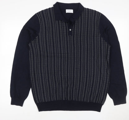 Easy Mens Blue L Collared Henley Geometric Knit Wool Blend Jumper