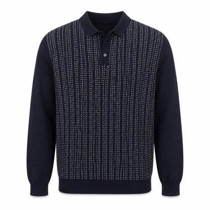 Easy Mens Blue L Collared Henley Geometric Knit Wool Blend Jumper