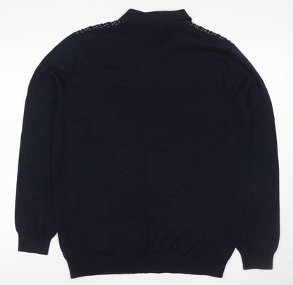Easy Mens Blue L Collared Henley Geometric Knit Wool Blend Jumper