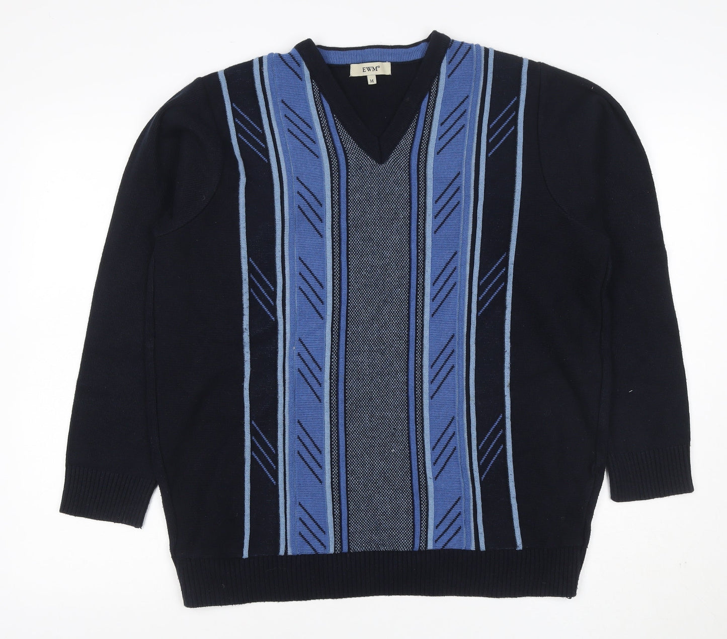 EWM Men's Black Blue M V-Neck Striped Cotton Blend Knit Jumper