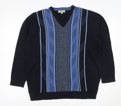 EWM Men's Black Blue M V-Neck Striped Cotton Blend Knit Jumper