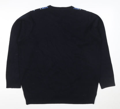 EWM Men's Black Blue M V-Neck Striped Cotton Blend Knit Jumper