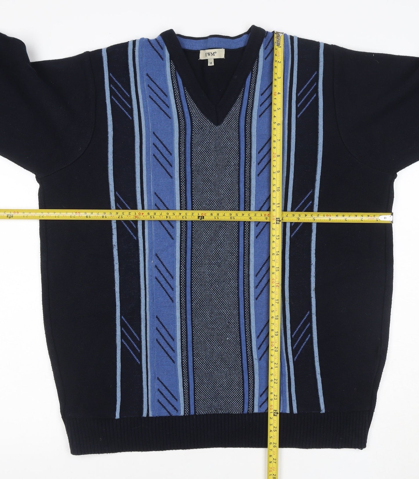 EWM Men's Black Blue M V-Neck Striped Cotton Blend Knit Jumper