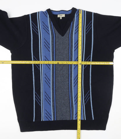 EWM Men's Black Blue M V-Neck Striped Cotton Blend Knit Jumper
