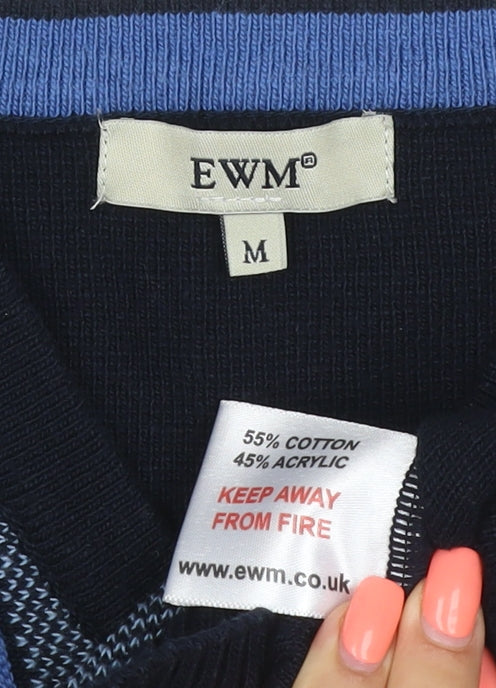 EWM Men's Black Blue M V-Neck Striped Cotton Blend Knit Jumper
