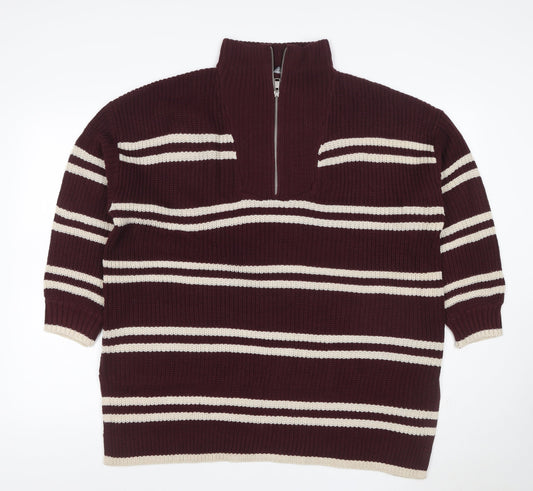 Yours Women Burgundy Ivory Striped 1/4 Zip Knit Jumper UK 14-16