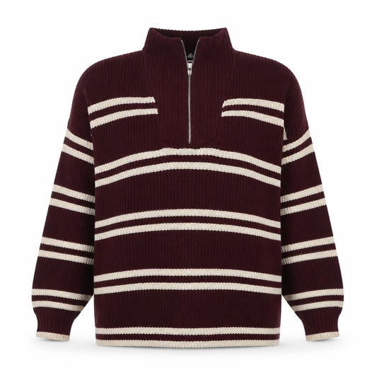 Yours Women Burgundy Ivory Striped 1/4 Zip Knit Jumper UK 14-16