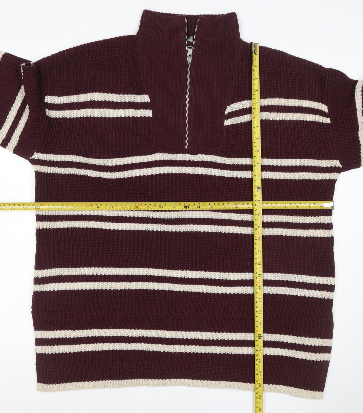 Yours Women Burgundy Ivory Striped 1/4 Zip Knit Jumper UK 14-16