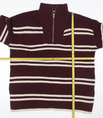Yours Women Burgundy Ivory Striped 1/4 Zip Knit Jumper UK 14-16