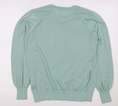 B Copenhagen Women Green M Glitter Puff Sleeve Crew Neck Knit Jumper