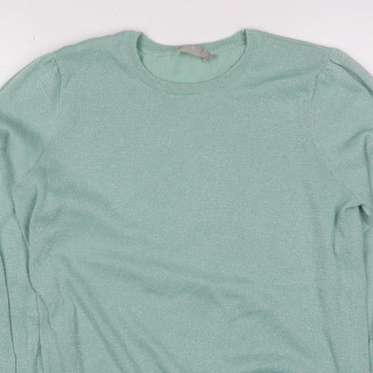 B Copenhagen Women Green M Glitter Puff Sleeve Crew Neck Knit Jumper