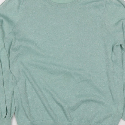 B Copenhagen Women Green M Glitter Puff Sleeve Crew Neck Knit Jumper