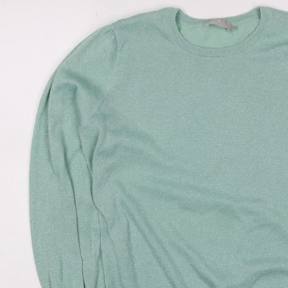 B Copenhagen Women Green M Glitter Puff Sleeve Crew Neck Knit Jumper