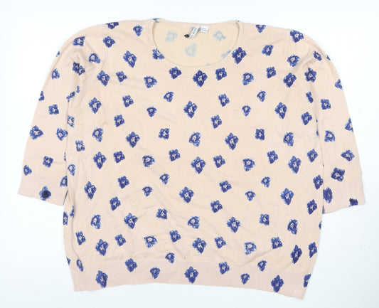 Capsule Women’s Beige Blue Floral Knit Pullover Jumper UK 22 3/4 Sleeve