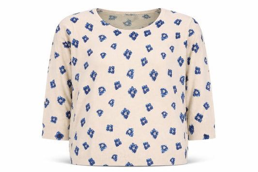 Capsule Women’s Beige Blue Floral Knit Pullover Jumper UK 22 3/4 Sleeve