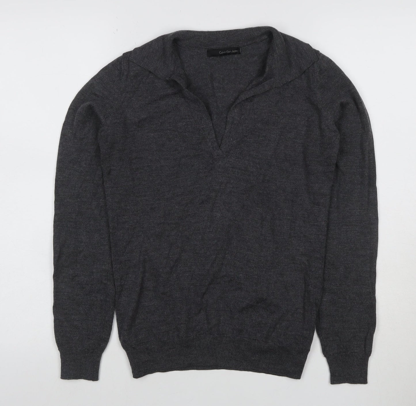 Calvin Klein Jeans Women Grey L Wool Blend Collared V-Neck Jumper
